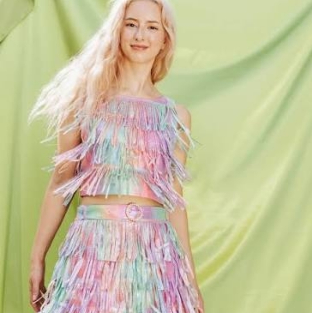 Rainbow Leather Fringe Rhinestone Skort